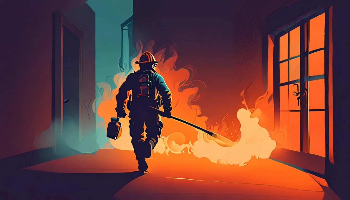 Stylised animated illustration of a firefighter running through smoke toward a rescue