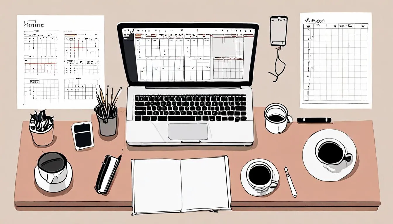 Overhead illustration of a laptop and content calendar notebook representing planning a month of Shorts uploads