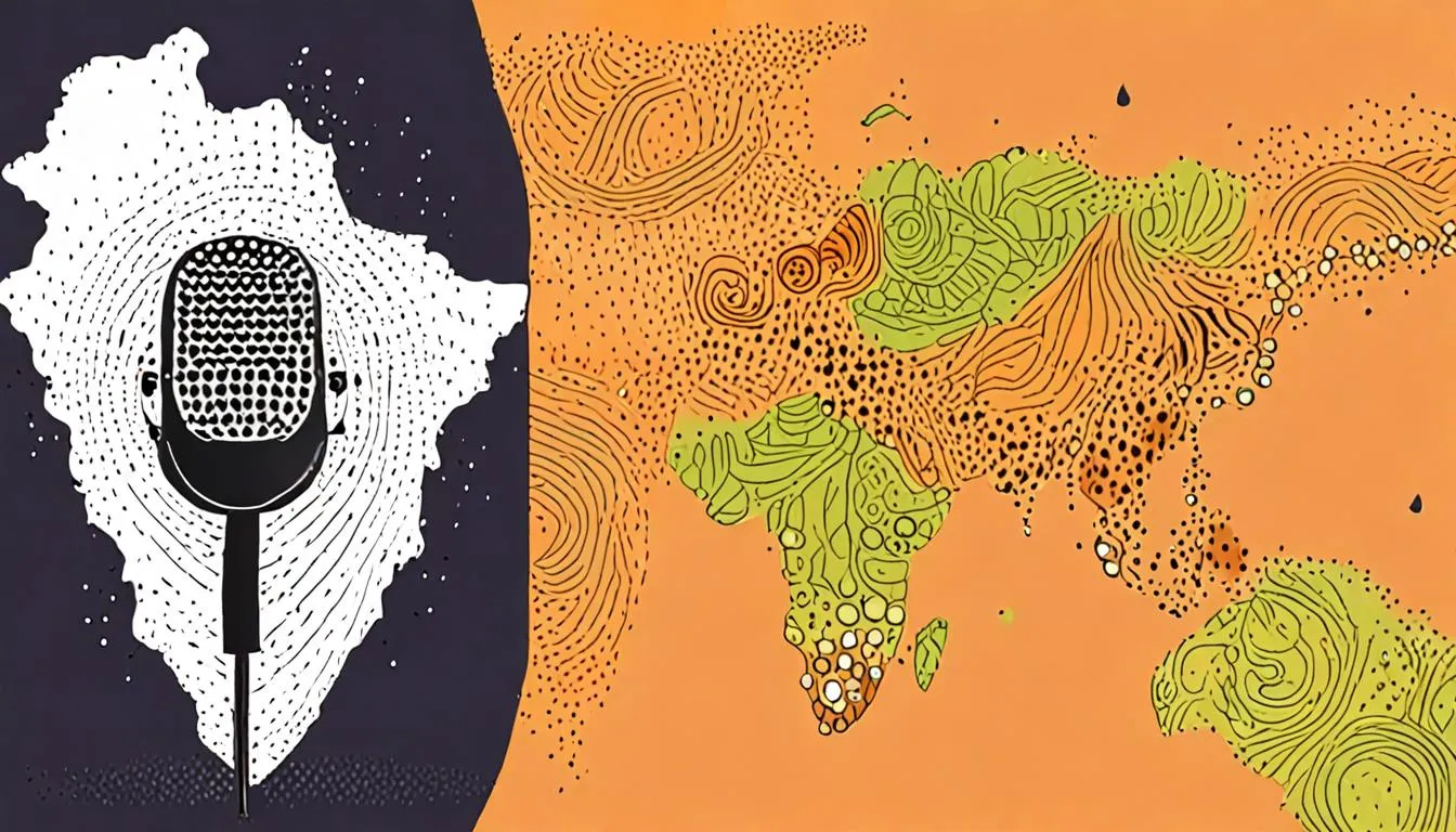Split illustration of a microphone and a map of India representing Hindi YouTube audience versus creator numbers