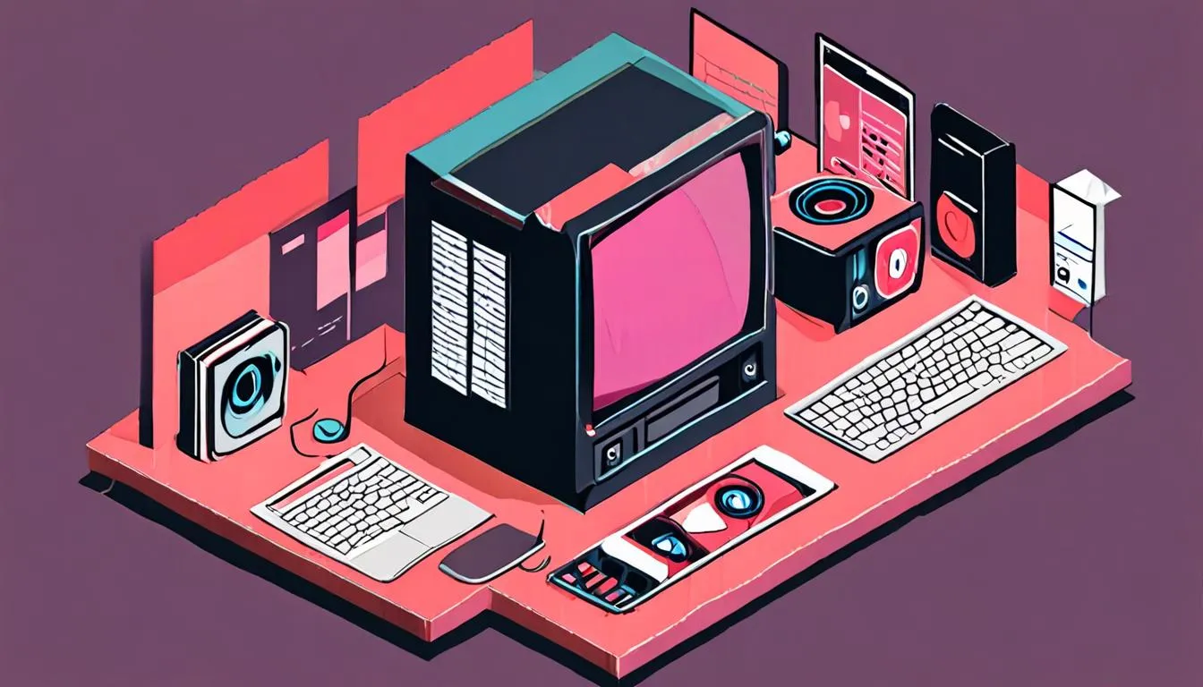 Isometric illustration of a conveyor belt of identical video thumbnails with one distinct clip lifted out