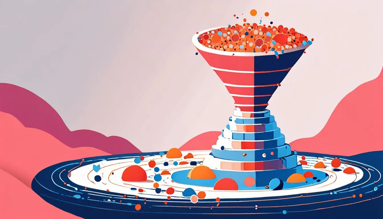 Funnel illustration showing many views entering the top and fewer qualified views converting into coins at the bottom.