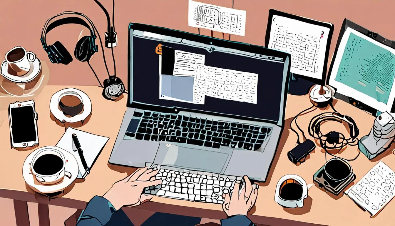 Overhead illustration of a laptop editing timeline and phone, depicting the workflow for building a texting story video.