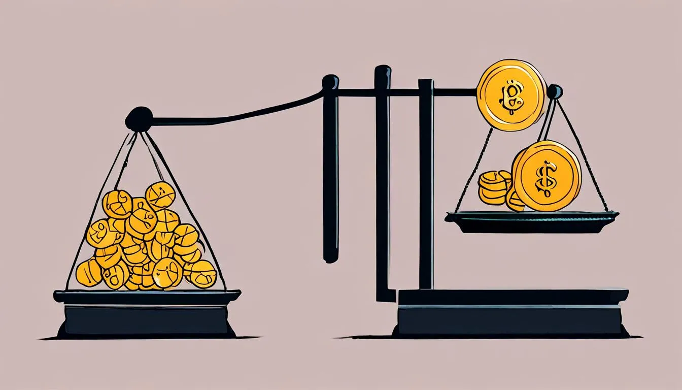 Balance scale weighing a stack of coins against a speech-bubble icon