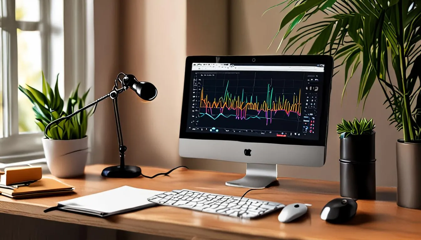 Home desk set up for recording a voiceover, with laptop, microphone and notebook, no person present