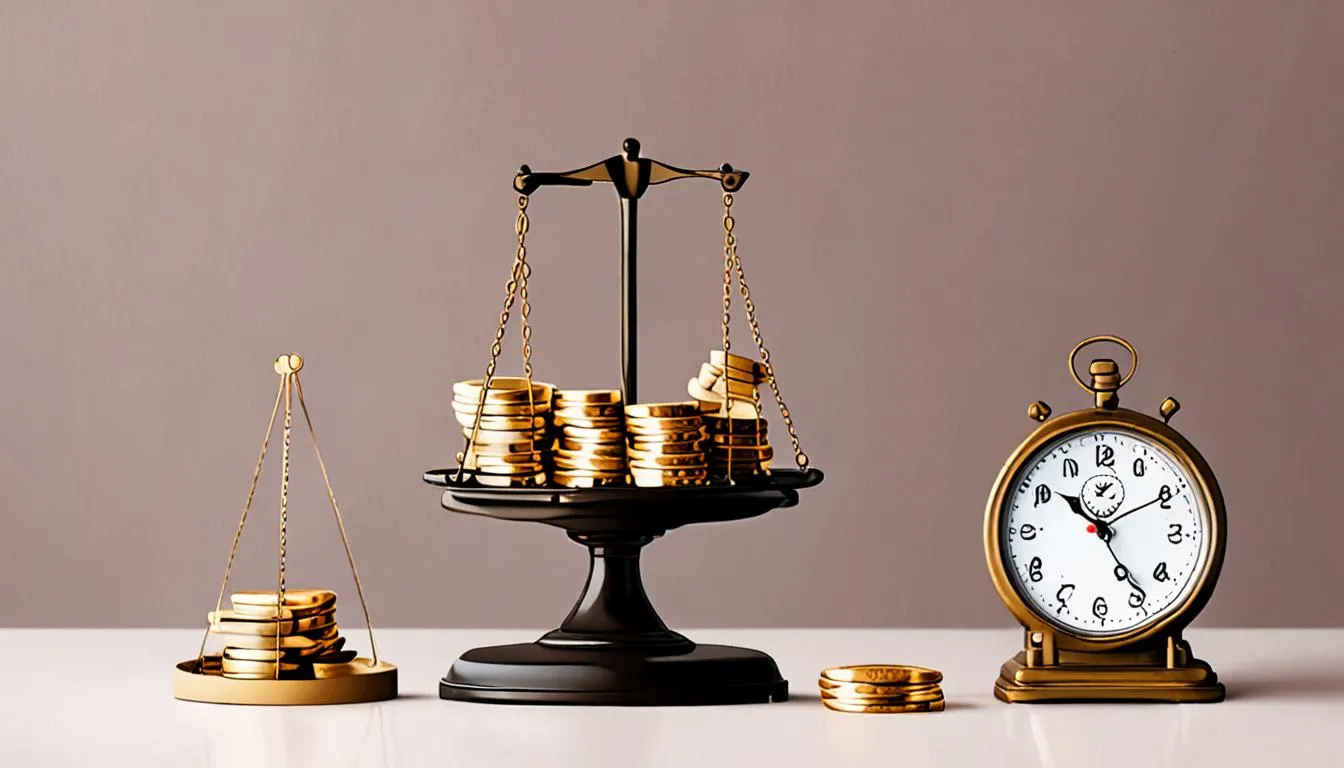 Balance scale weighing coins against a clock, illustrating the trade-off between money and time in video production.